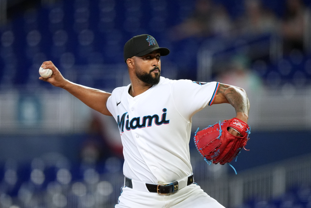 Miami Marlins starting pitcher Sandy Alcantara (22) pitches during the first inning of a baseball game against the Chicago White Sox, Wednesday, April 1, 2026, in Miami. (AP Photo/Rebecca Blackwell)
