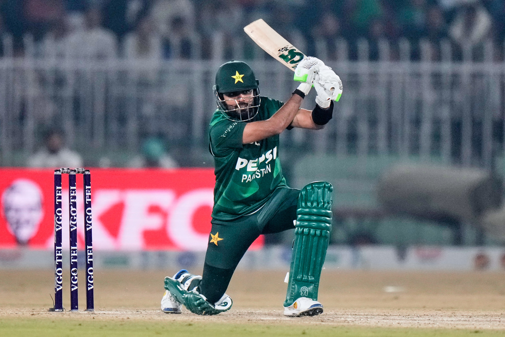 Pakistan's Babar Azam bats during the final of tri-series T20 cricket match between Pakistan and Sri Lanka, in Rawalpindi, Pakistan, Saturday, Nov. 29, 2025. (AP Photo/Anjum Naveed)