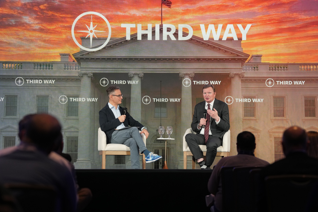 Democratic strategist Jim Messina, right, speaks as Third Way President Jon Cowan listens during Third Way's "Winning the Middle" conference Monday, March 2, 2026, in Charleston, S.C. (AP Photo/Meg Kinnard)