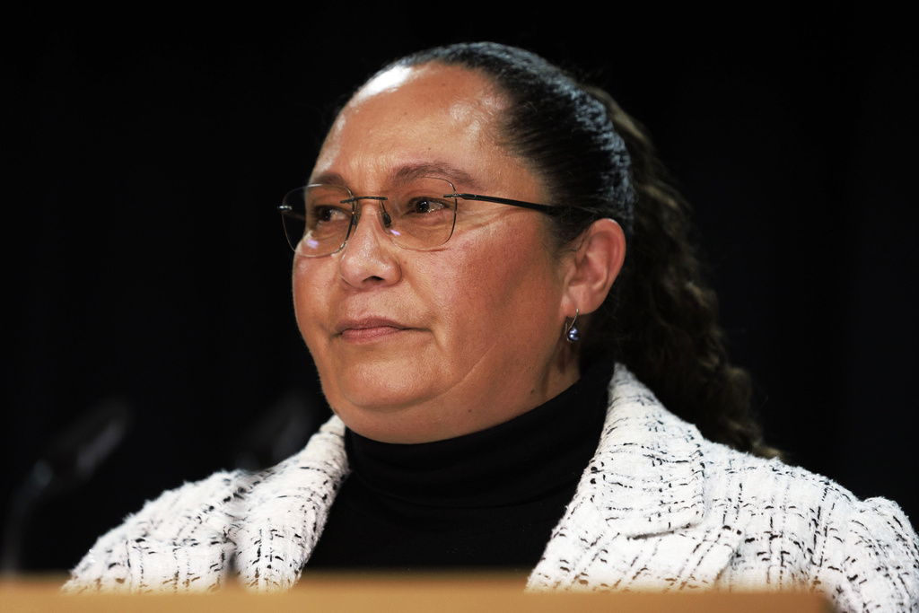 New Zealand Associate Justice Minister Nicole McKee addresses a press conference in Wellington, New Zealand, on April 22, 2024. (Robert Kitchin/The Post via AP)