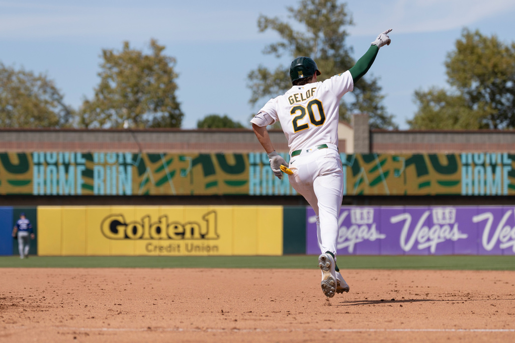 Athletics' Zack Gelof runs the bases after hitting a two-run home run during the seventh inning of a baseball game against the Texas Rangers, Sunday, Aug. 16, 2026, in West Sacramento, Calif. (AP Photo/Sara Nevis)