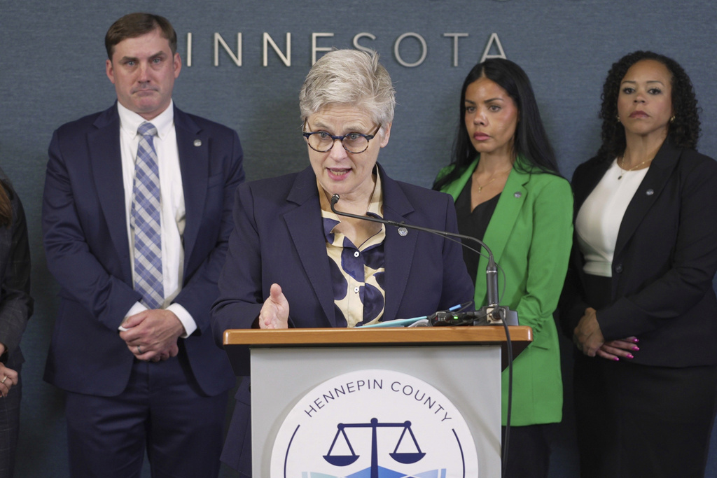 Hennepin County Attorney Mary Moriarty announces upgraded charges against Vance Boelter, who is accused of killing former Minnesota House Speaker Melissa Hortman and her husband, and wounding a state senator and his wife, in Minneapolis, Thursday, Aug. 14, 2025. (AP Photo/Mark Vancleave)