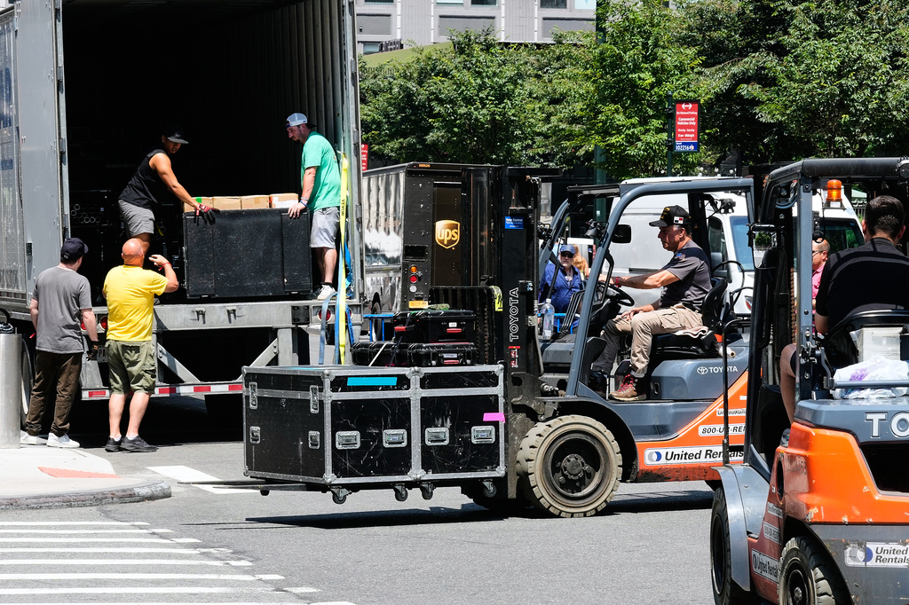 A truck is unloaded outside New York's Madison Square Garden, Wednesday, July 1, 2026. (AP Photo/Richard Drew)
