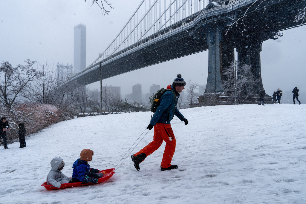 A father pulls his children, Sebastian Ingham (5) and Lucas Ingham (1), on a sled during a snowfall, Sunday, Dec. 14, 2025, in the Brooklyn borough of New York. (AP Photo/Adam Gray)