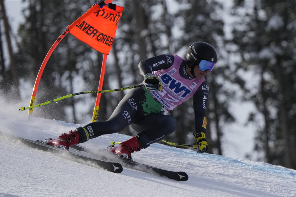 FILE - Italy's Matteo Franzoso competes during a men's World Cup super-G skiing race, Dec. 4, 2022, in Beaver Creek, Colo. (AP Photo/Robert F. Bukaty, file)