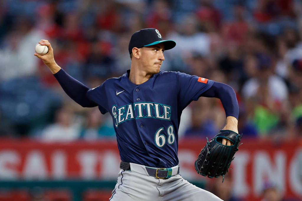 Seattle Mariners starting pitcher George Kirby (68) throws during the first inning of a baseball game against the Los Angeles Angels, Wednesday, Sept. 16, 2026, in Anaheim, Calif. (AP Photo/Caroline Brehman)