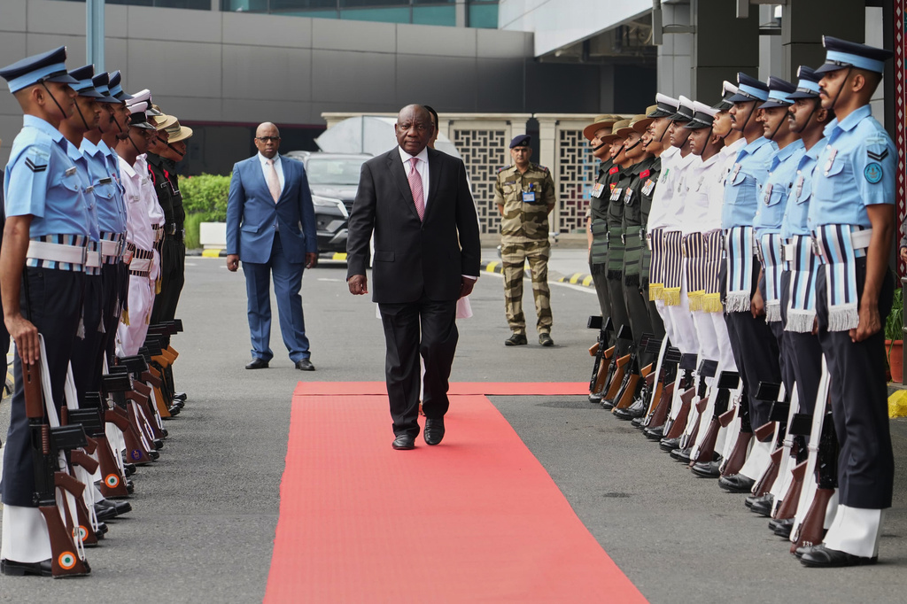 South African President Cyril Ramaphosa inspects a joint military guard of honor upon his arrival for the BRICS summit in New Delhi, India, Friday, Sept. 11, 2026. (Indian Foreign Ministry via AP)