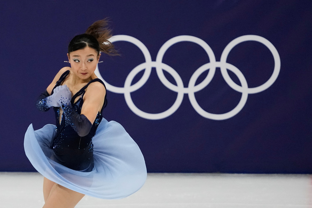 Kaori Sakamoto of Japan competes during the women's short program figure skating at the 2026 Winter Olympics, in Milan, Italy, Tuesday, Feb. 17, 2026. (AP Photo/Ashley Landis)