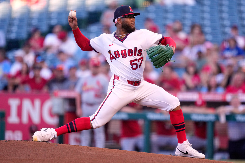 Los Angeles Angels pitcher Walbert Ureña throws to the plate during the first inning of a baseball game against the St. Louis Cardinals, Tuesday, July 21, 2026, in Anaheim, Calif. (AP Photo/Mark J. Terrill)