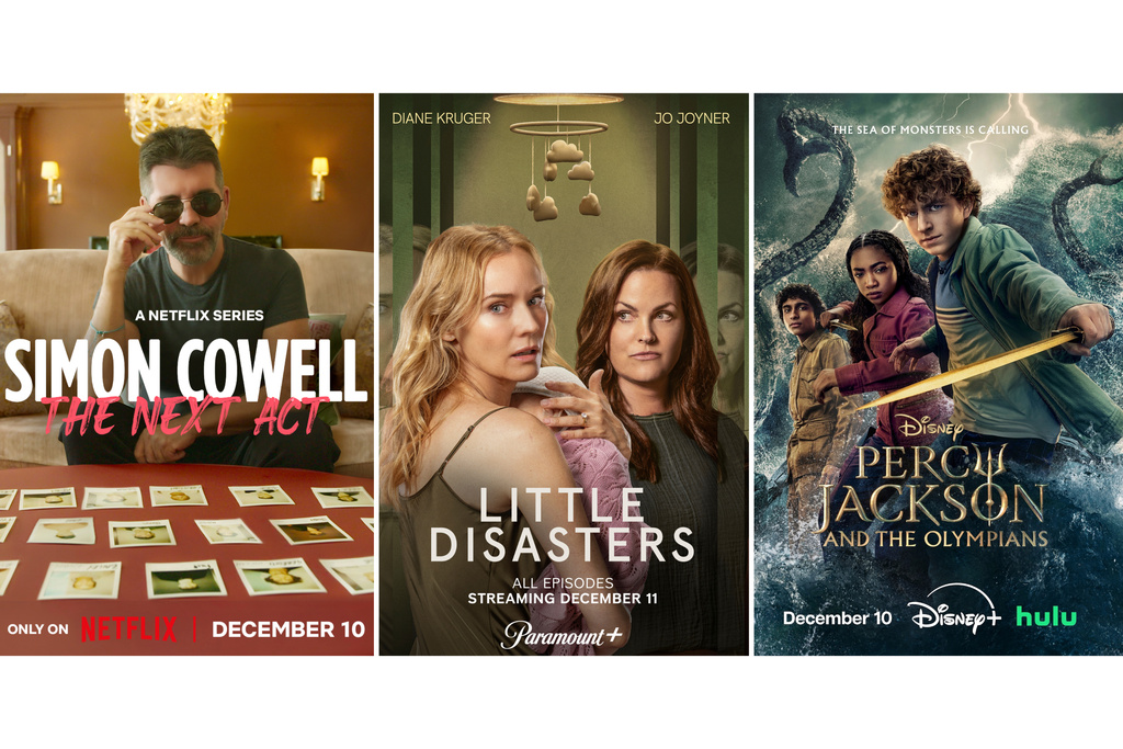 This combination of images shows promotional art for "Simon Cowell: The Next Act," left, "Little Disasters," center, and "Percy Jackson and the Olympians." (Netflix/Paramount+/Disney+ via AP)