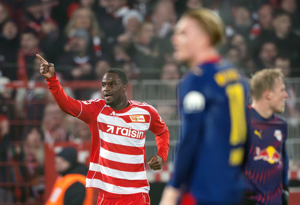 Union Berlin's Ilyas Ansa celebrates after scoring a goal during the Bundesliga soccer match between FC Union Berlin and RB Leipzig, in Berlin, Germany, Friday, Dec. 12, 2025. (Soeren Stache/dpa via AP)
