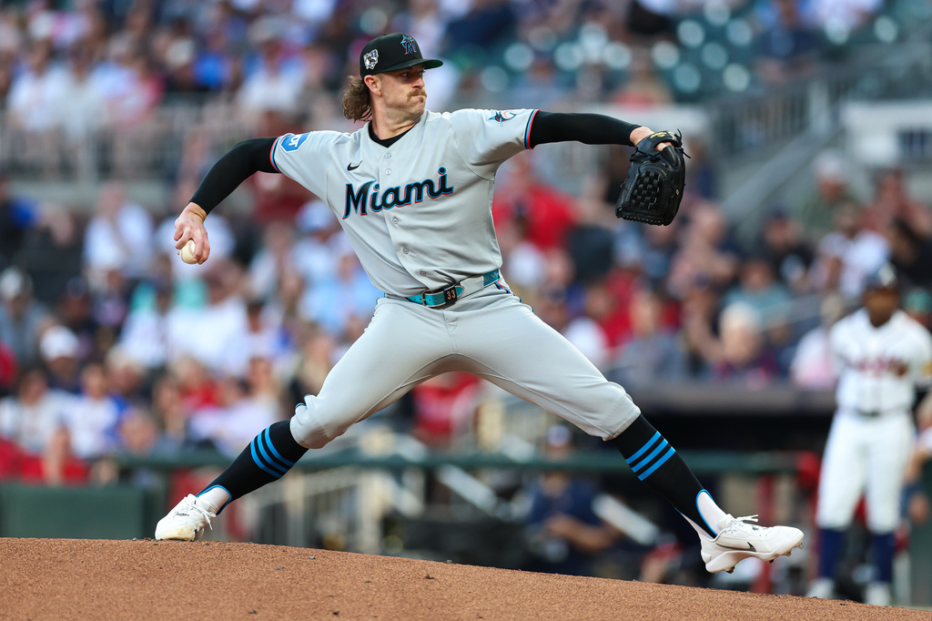 Miami Marlins pitcher Chris Paddack delivers in the first inning of a baseball game against the Atlanta Braves, Wednesday, April 15, 2026, in Atlanta. (AP Photo/Colin Hubbard)