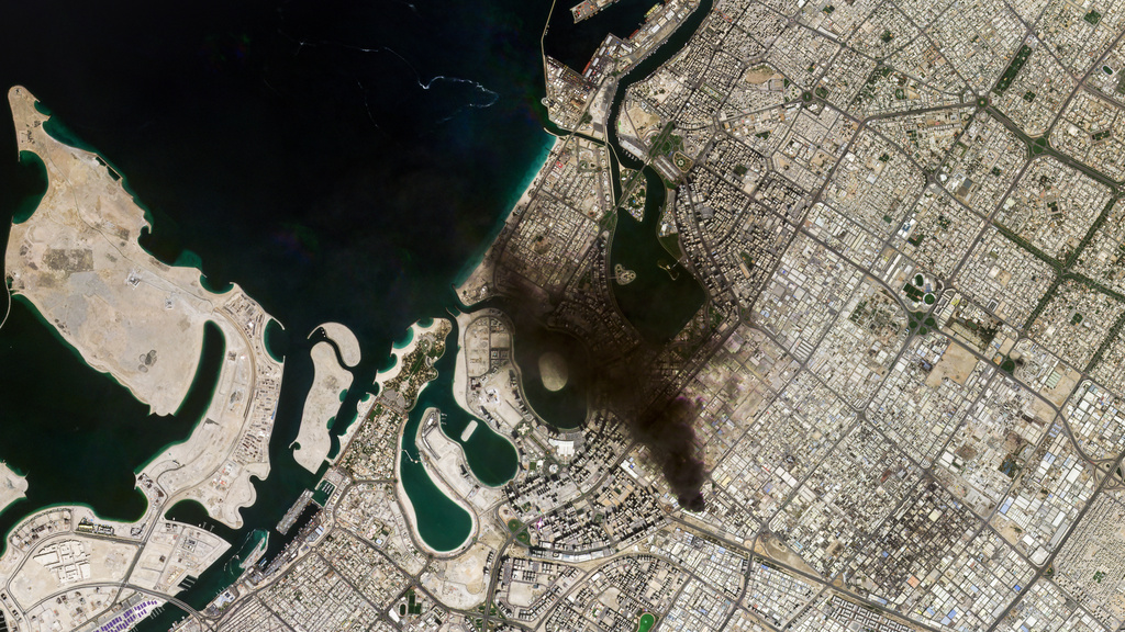 This satellite image provided by Planet Labs PBC shows Dubai, United Arab Emirates, on Sunday, March 1, 2026. (Planet Labs PBC via AP)
