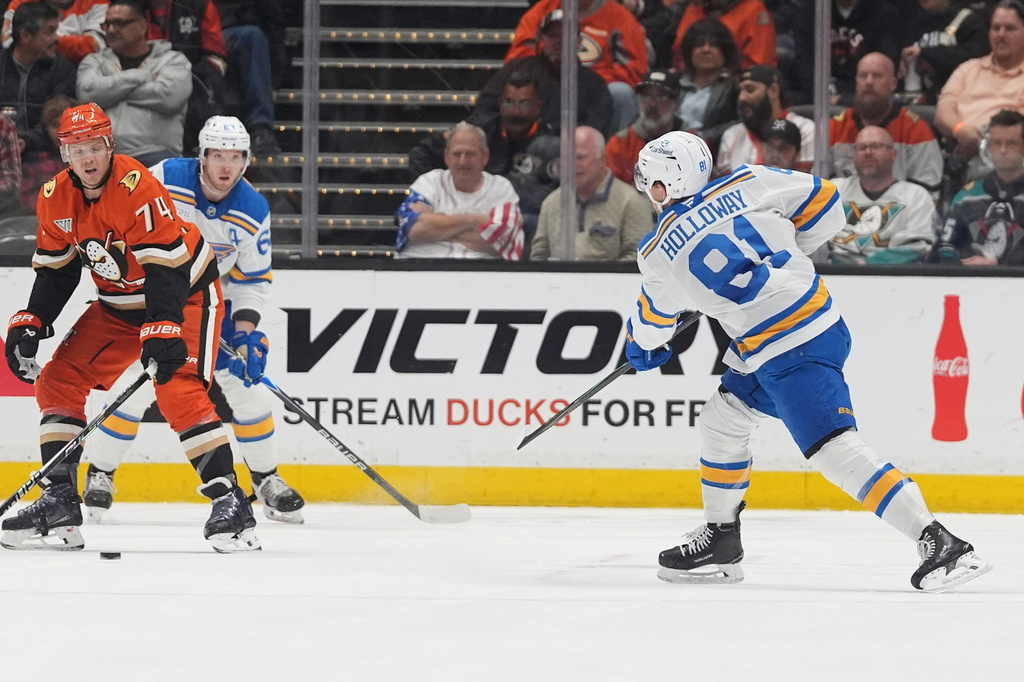 St. Louis Blues left wing Dylan Holloway, right, scores a goal during the first period of an NHL hockey game against the Anaheim Ducks Friday, April 3, 2026, in Anaheim, Calif. (AP Photo/Gregory Bull)