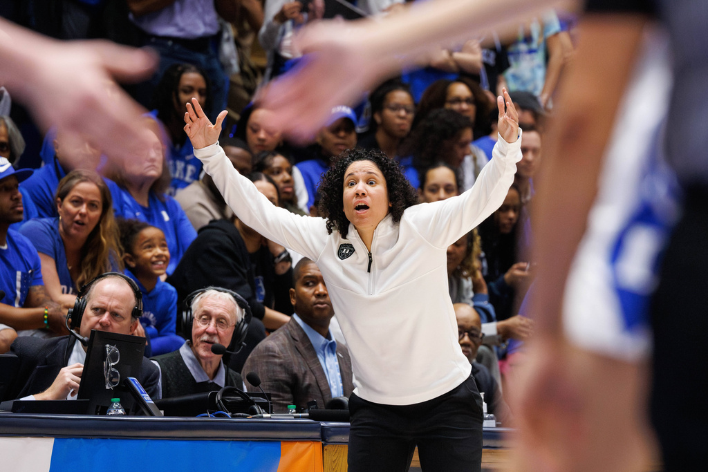 Duke head coach Kara Lawson reacts to a play during the first half against Charleston in the first round of the NCAA college basketball tournament, Friday, March 20, 2026, Durham, N.C. (AP Photo/Ben McKeown)