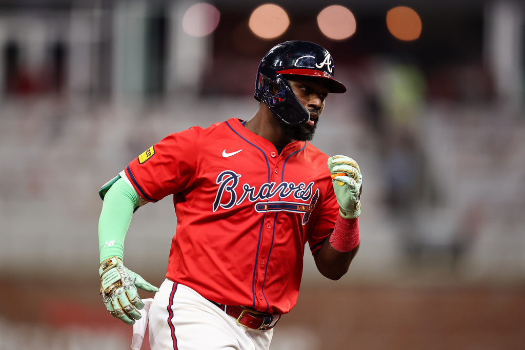 Atlanta Braves' Michael Harris II rounds the bases after hitting a solo home run in the sixth inning of a baseball game against the Pittsburgh Pirates, Friday, Sept. 26, 2025, in Atlanta. (AP Photo/Colin Hubbard)