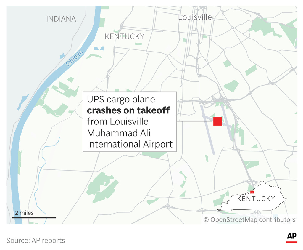 A UPS cargo plane crashed and exploded in a massive fireball Tuesday while taking off from the company’s global aviation hub in Louisville, Kentucky, killing at least three people and injuring 11. (AP Digital Embed)