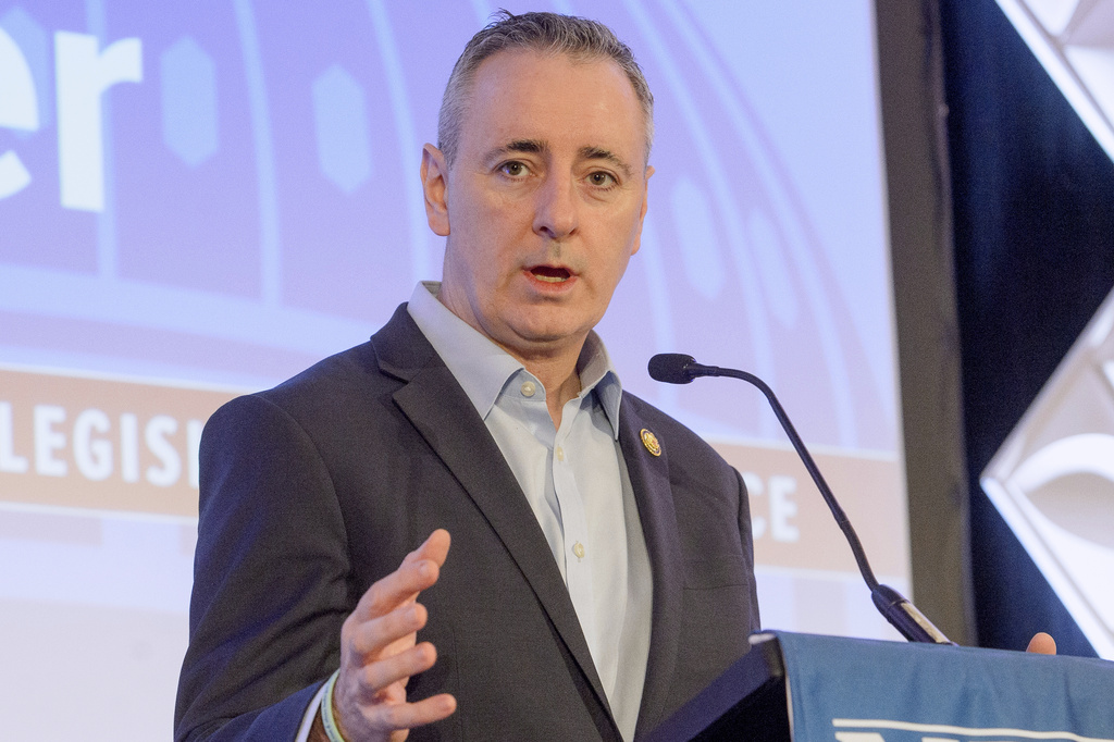FILE - Rep. Brian Fitzpatrick, R-Pa., speaks during the opening session of the National Treasury Employees Union (NTEU) Legislative Conference March 4, 2025, in Washington. (AP Photo/Rod Lamkey, Jr.)