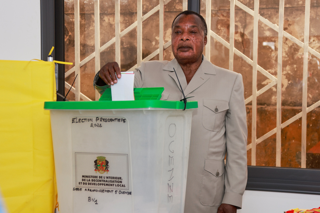 FILE - President of the Republic of Congo Denis Sassou N'Guesso casts his ballot at a polling station in Brazzaville, the Republic of Congo, on March 15, 2026. (AP Photo/Vivace Mambouana, File)
