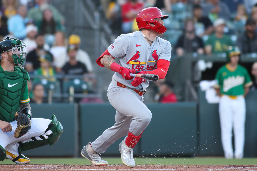 St. Louis Cardinals' Nathan Church hits an rbi single during the fourth inning of a baseball game against the Athletics Wednesday, May 13, 2026, in West Sacramento, Calif. (AP Photo/Scott Marshall)
