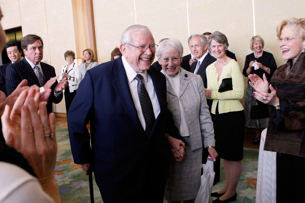 FILE - Former U.S. Ambassador to Japan, Howard Baker, left, walks in with his wife, former Sen. Nancy Kassebaum Baker, R-Kansas, right, before being presented with the Grand Cordon of the Order of the Paulownia Flowers award at the Japanese ambassador's residence in Washington, May 22, 2008. (AP Photo/Pablo Martinez Monsivais, File)