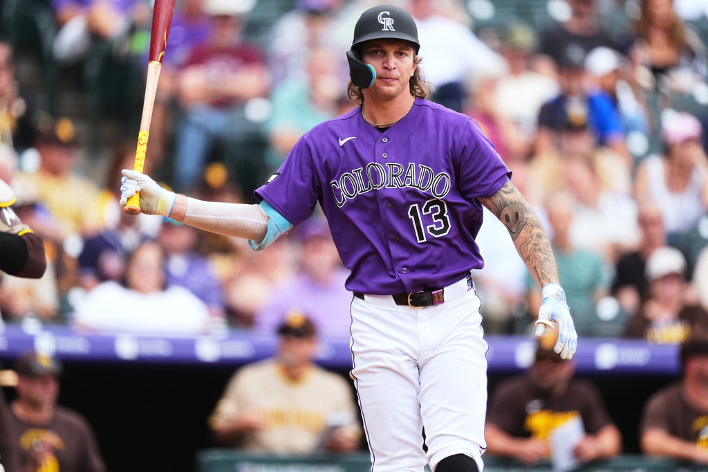 Colorado Rockies' Zac Veen reacts after striking out against San Diego Padres starting pitcher Michael King to end the fifth inning of a baseball game Thursday, Sept. 17, 2026, in Denver. (AP Photo/David Zalubowski)