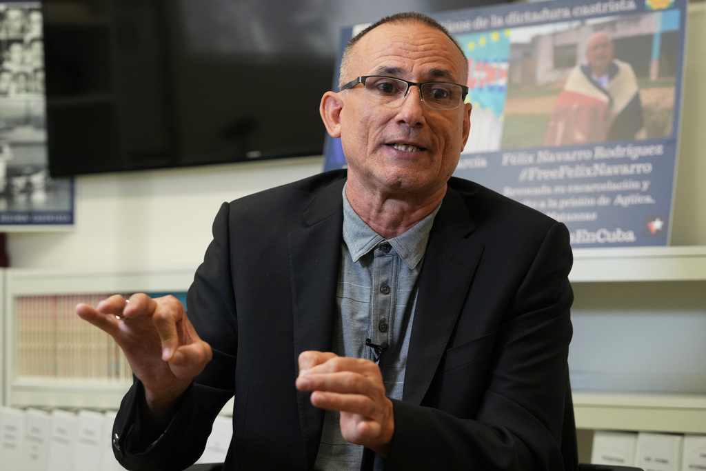 Cuban dissident Jose Daniel Ferrer speaks of his experience leaving Cuba during an interview Wednesday, Oct. 22, 2025, in Miami. (AP Photo/Marta Lavandier)