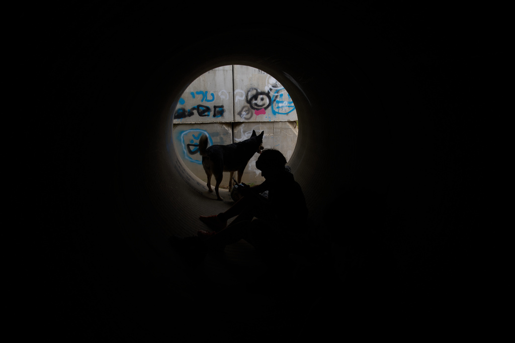 Children with a dog sit inside a cement pipe turned into a bomb shelter as air raid sirens warn of incoming Iranian missile strike in Michmoret, Israel, Saturday, March 14, 2026. (AP Photo/Ariel Schalit)