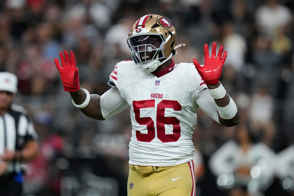 San Francisco 49ers defensive end Keion White celebrates after a sack during the first half of an NFL preseason football game against the Las Vegas Raiders, Thursday, Aug. 27, 2026}, in Las Vegas. (AP Photo/John Locher)