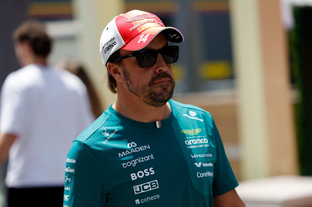 Aston Martin driver Fernando Alonso of Spain, walks at the Barcelona Catalunya racetrack in Montmelo, near Barcelona, Spain, Thursday, June 11, 2026. (AP Photo/ Joan Monfort)