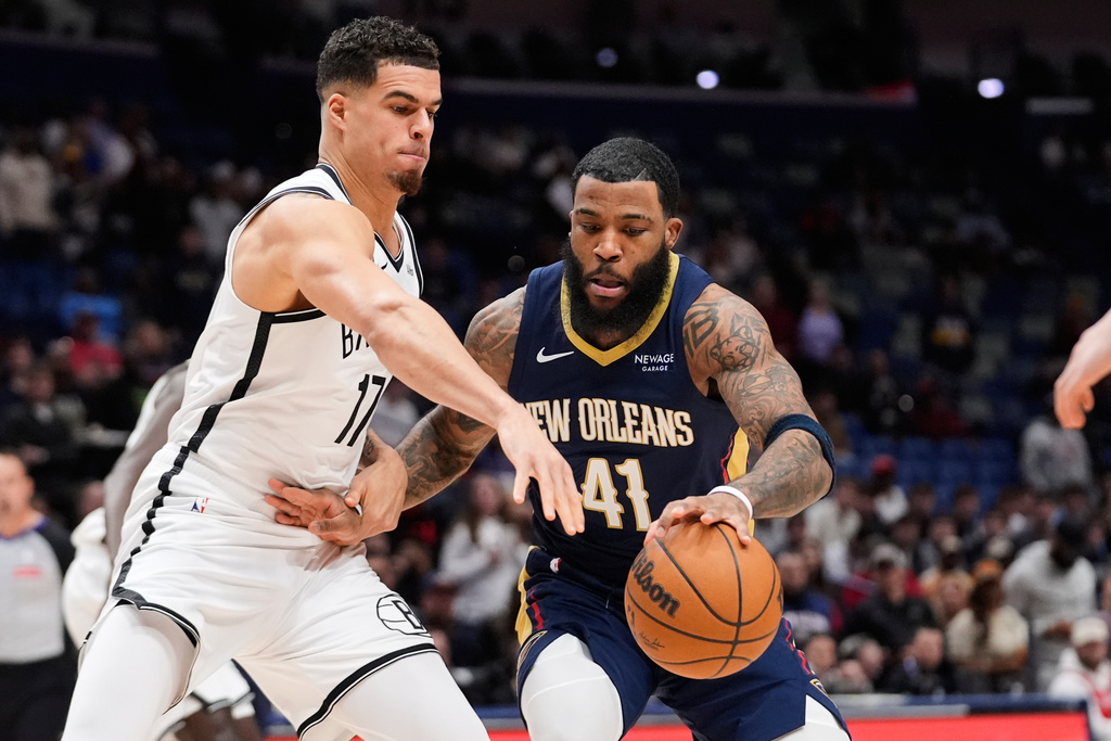 New Orleans Pelicans guard Saddiq Bey (41) battles against Brooklyn Nets forward Michael Porter Jr. (17) in the first half of an NBA basketball game, Wednesday, Jan. 14, 2026, in New Orleans. (AP Photo/Gerald Herbert)