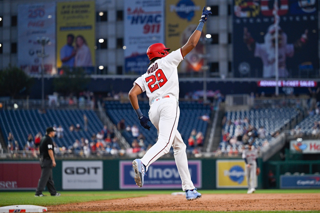 Washington Nationals' James Wood runs the bases after hitting a grand slam during the fifth inning of a baseball game against the Houston Astros, Monday, July 6, 2026, in Washington. (AP Photo/John McDonnell)
