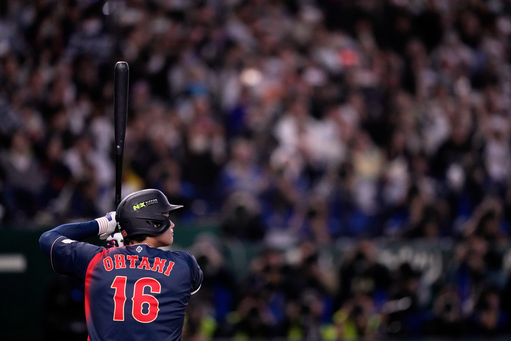 Japan's Shohei Ohtani bats during the second inning of a World Baseball Classic Pool C game between Japan and Taiwan Friday, March 6, 2026 in Tokyo. (AP Photo/Louise Delmotte)