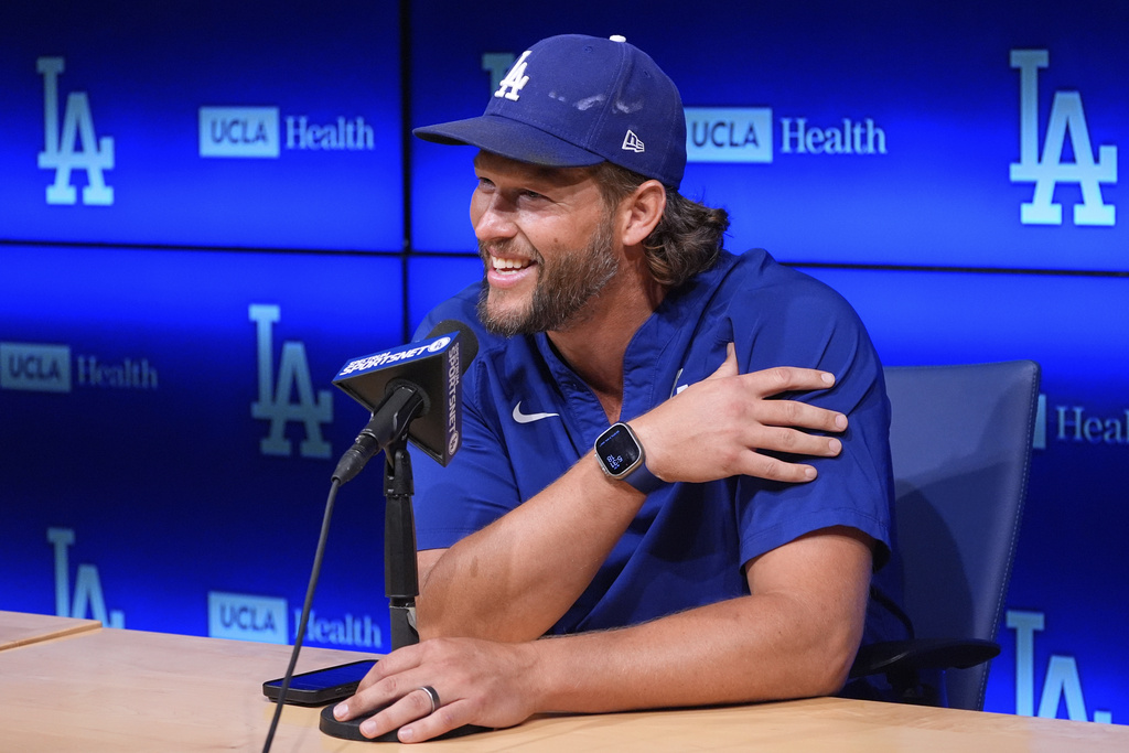 Los Angeles Dodgers pitcher Clayton Kershaw speaks to the media after announcing his retirement at the end of the season prior to a baseball game against the Philadelphia Phillies Thursday, Sept. 18, 2025, in Los Angeles. (AP Photo/Mark J. Terrill)