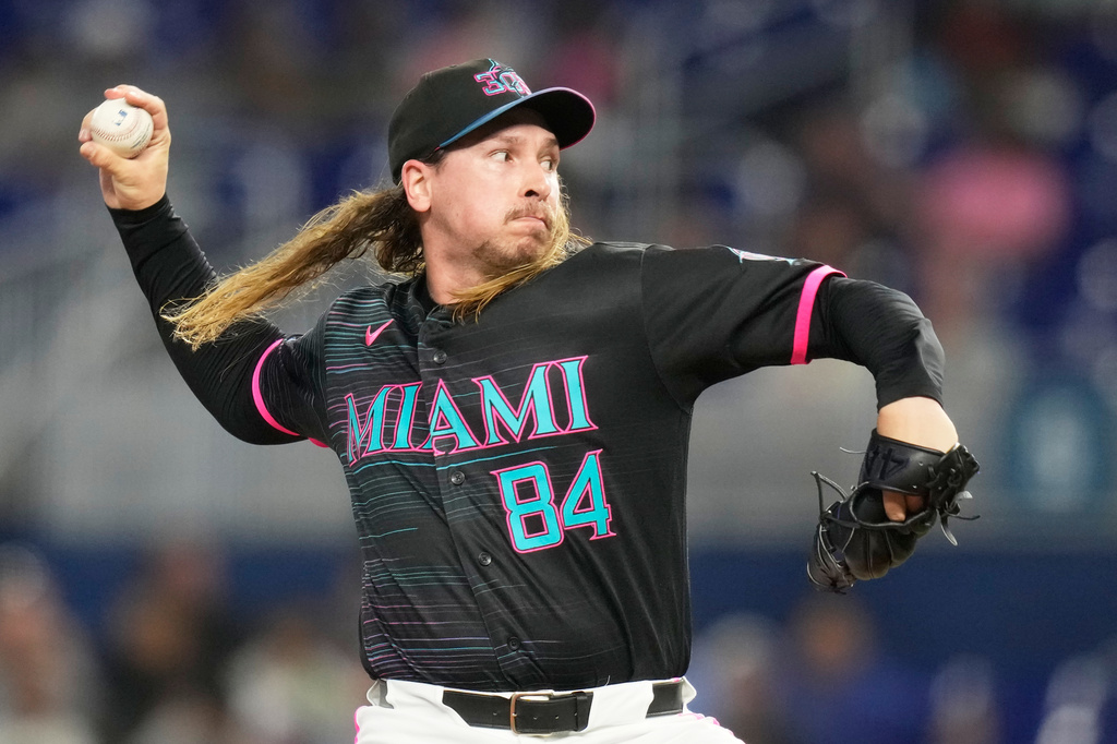 Miami Marlins starting pitcher Lake Bachar (84) throws during the first inning of a baseball game against the San Francisco Giants, Friday, June 19, 2026, in Miami. (AP Photo/Lynne Sladky)