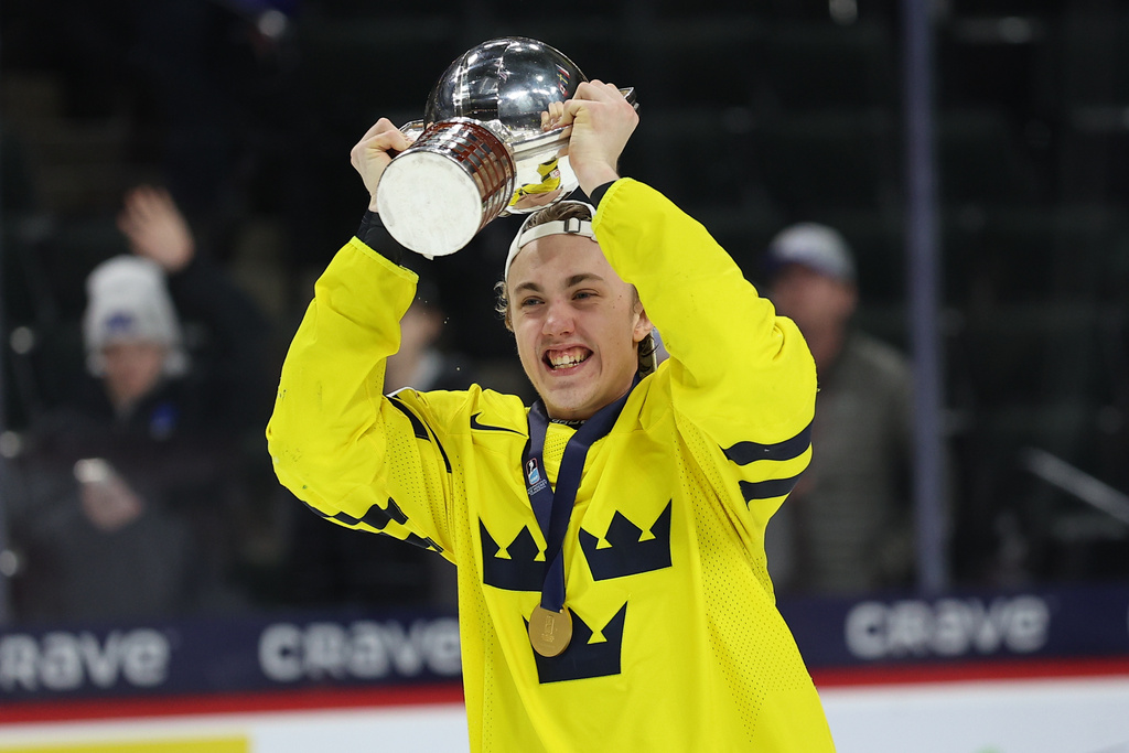 Sweden's Linus Eriksson celebrates after winning an IIHF World Junior Hockey Championship gold medal game against Czechia, Monday, Jan. 5, 2026, in St. Paul, Minn. (AP Photo/Matt Krohn)