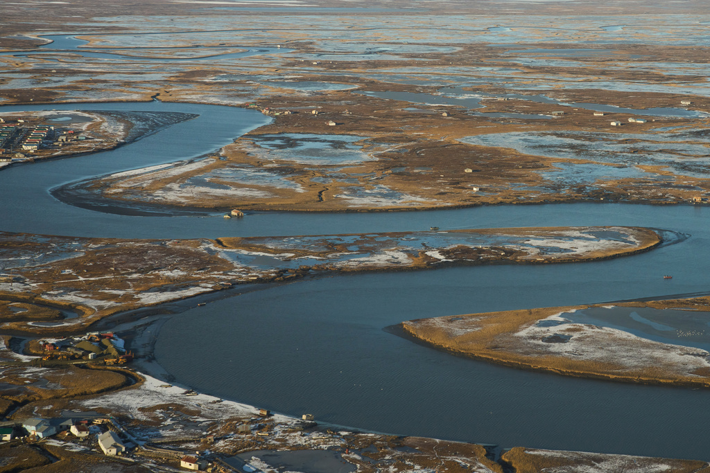 Some homes and buildings that were torn off their foundations and floated away are seen near the village of Kwigillingok, Alaska, Monday, Oct. 27, 2025, after Typhoon Halong hit the region earlier in the month. (AP Photo/Lindsey Wasson)