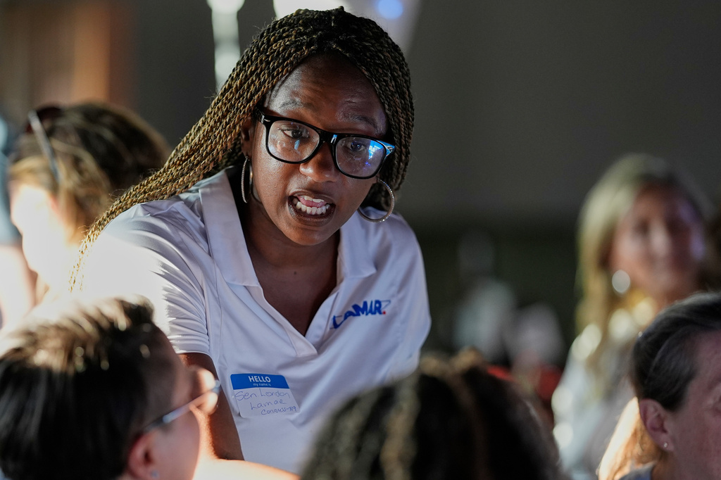 FILE - Democratic congressional candidate State Sen. London Lamar, D-Memphis, speaks to potential voters during a political event Thursday, July 23, 2026, in Franklin, Tenn. (AP Photo/George Walker IV, File)