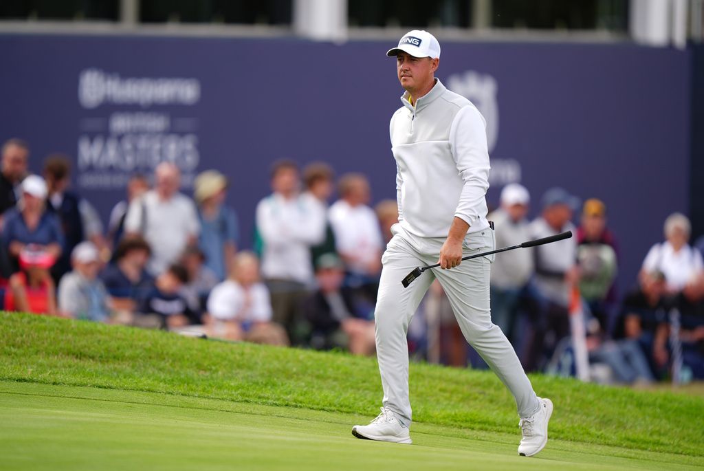 Joe Dean of England on the 18th hole during day four of the British Masters at The Belfry Hotel & Resort, Sutton Coldfield, England, Sunday Aug. 30, 2026. (Bradley Collyer/PA via AP)