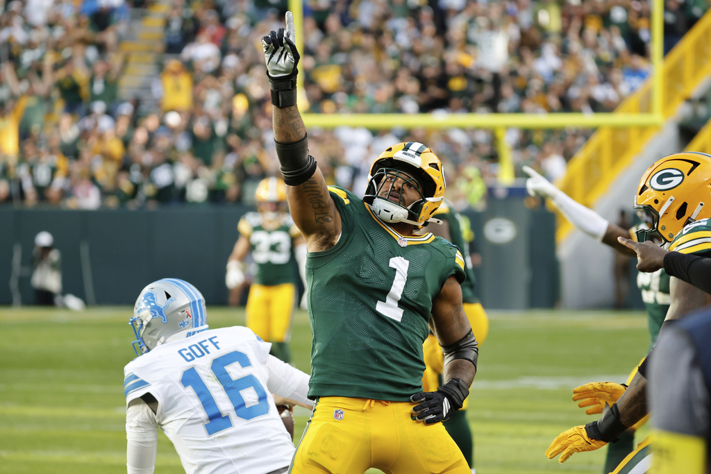 Green Bay Packers defensive end Micah Parsons (1) celebrates sacking Detroit Lions quarterback Jared Goff (16) during the second half of an NFL football game Sunday, Sept. 7, 2025, in Green Bay, Wis. (AP Photo/Mike Roemer)