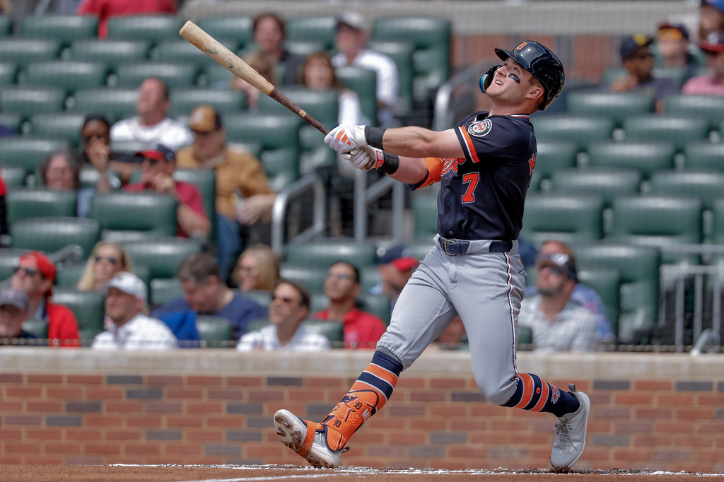 Detroit Tigers' Kevin McGonigle (7) follows his fly-out against the Atlanta Braves during the first inning of a baseball game, Thursday, April 30, 2026, in Atlanta. (AP Photo/Erik S. Lesser)