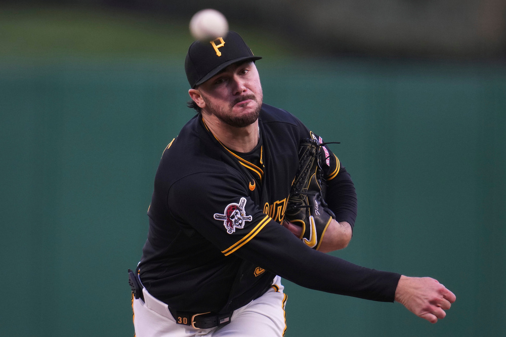 Pittsburgh Pirates pitcher Paul Skenes delivers during the first inning of a baseball game against the San Diego Padresin Pittsburgh, Tuesday, April 7, 2026. (AP Photo/Gene J. Puskar)