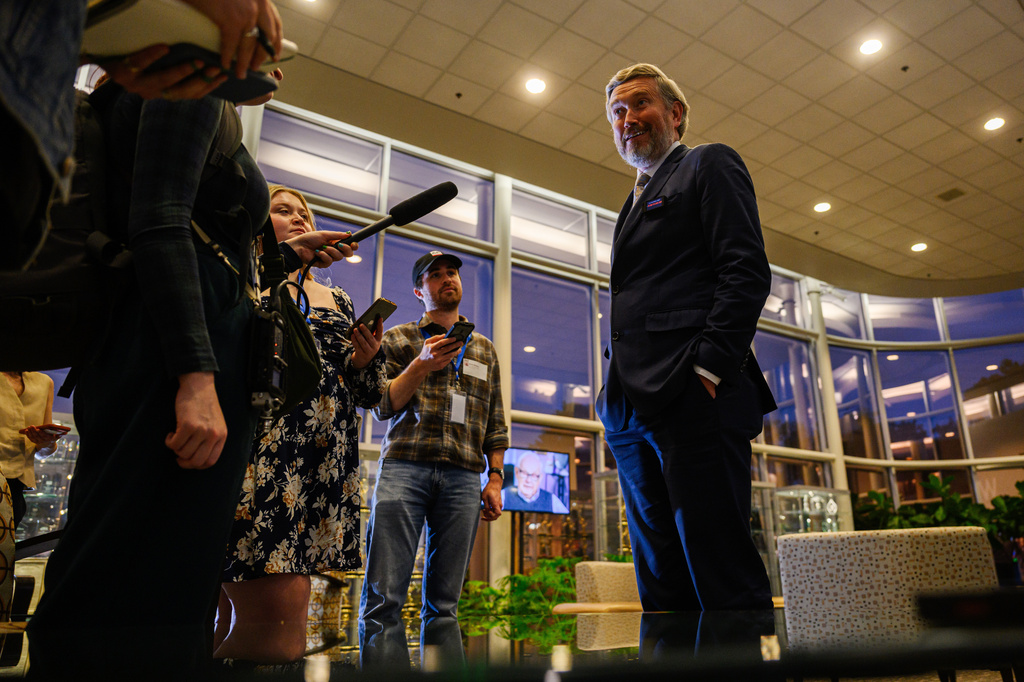 Rep. Thomas Massie, R-KY, speaks to reporters after a Kentucky Educational Television (KET) debate, Monday, May 4, 2026, in Lexington, Ky. (AP Photo/Jon Cherry)