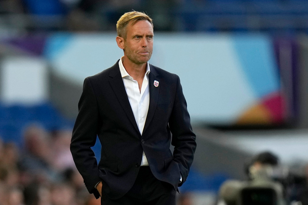 FILE - Norway manager Martin Sj&ouml;gren stands by the touchline during the Women Euro 2022 Group A soccer match between Austria and Norway at Brighton &amp; Hove Community Stadium in Brighton, England, July 15, 2022. (AP Photo/Alessandra Tarantino, File)
