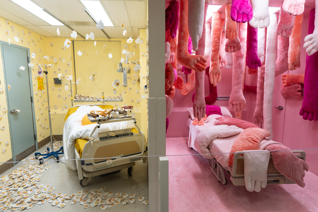 Installations by Melan Allen, left, and Nathalie Auzepy are displayed during the "Hospital of Emotions" exhibition inside a former hospital building in Los Angeles, Wednesday, July 22, 2026. (AP Photo/Jae C. Hong)