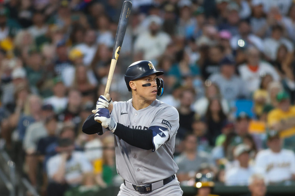 New York Yankees' Aaron Judge bats during the fifth inning of a baseball game against the Athletics, Saturday, May 30, 2026, in West Sacramento, Calif. (AP Photo/Scott Marshall)