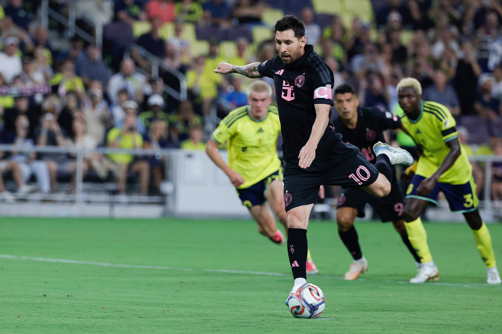 Inter Miami CF offense Lionel Messi (10) kicks a penalty during the first half of an MLS soccer match against the Nashville SC Saturday, Aug. 15, 2026, in Nashville, Tenn. (AP Photo/Butch Dill)