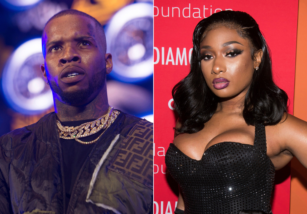 Tory Lanez performs at HOT 97 Summer Jam 2019 in East Rutherford, N.J. on June 2, 2019, left, and Megan Thee Stallion attends the 5th annual Diamond Ball benefit gala in New York on Sept. 12, 2019. (Photos by Scott Roth, left, Charles Sykes/Invision/AP)