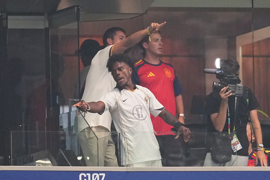 American YouTuber and online streamer Darren Jason Watkins Jr., known as IShowSpeed, gestures during the World Cup round of 16 soccer match between Portugal and Spain in Arlington, Texas, near Dallas, Monday, July 6, 2026. (AP Photo/Julio Cortez)