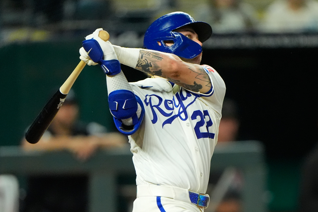 Kansas City Royals' Carter Jensen watches his solo home run during the third inning of a baseball game against the Arizona Diamondbacks, Wednesday, Sept. 9, 2026, in Kansas City, Mo. (AP Photo/Charlie Riedel)